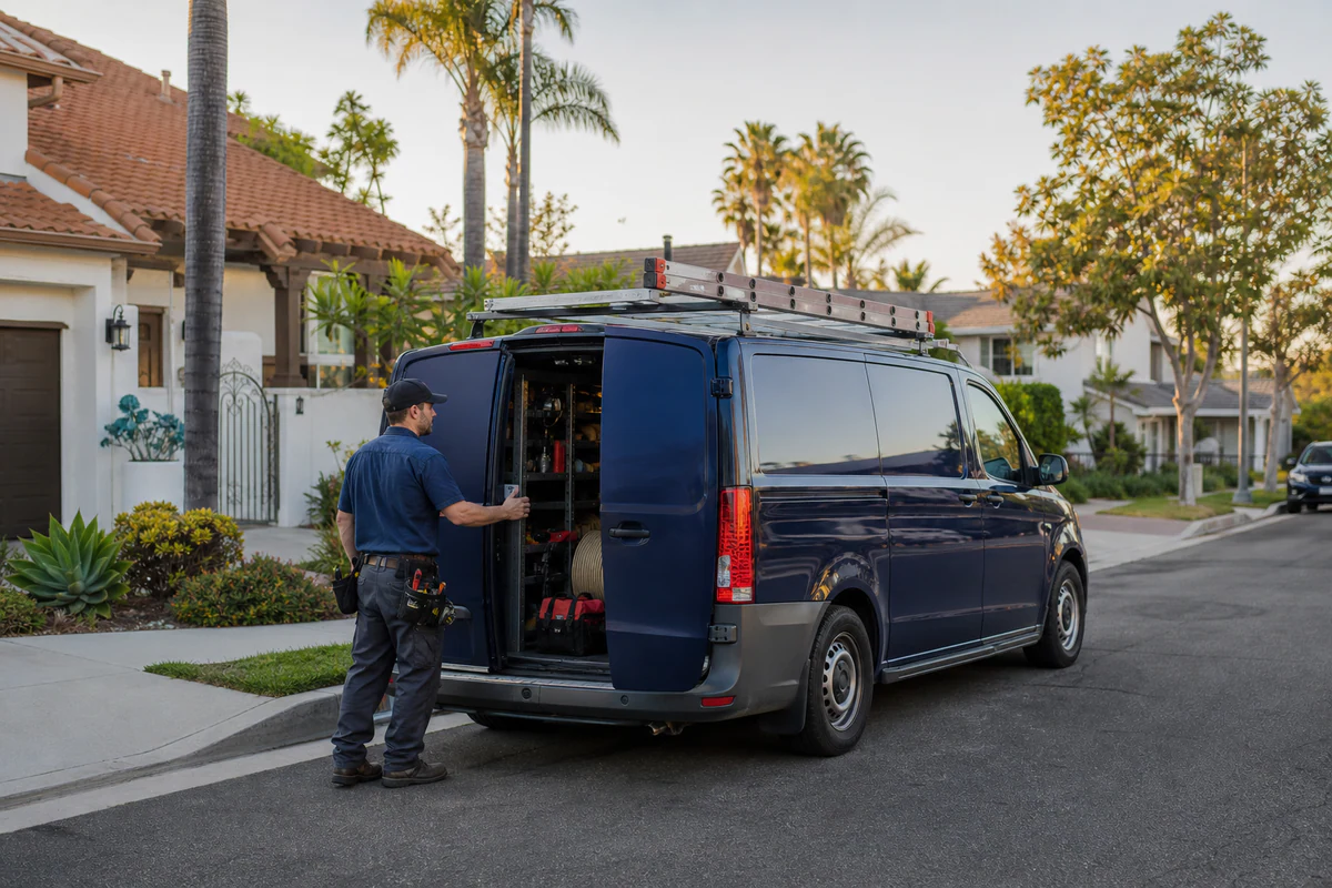 Davenport / Gold Star Garage Doors service van parked outside a home in Davenport