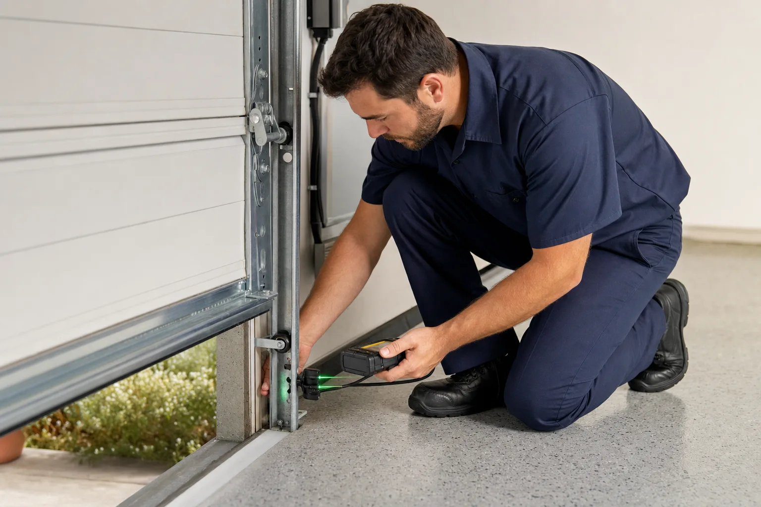 Technician checking garage door safety sensors during an inspection