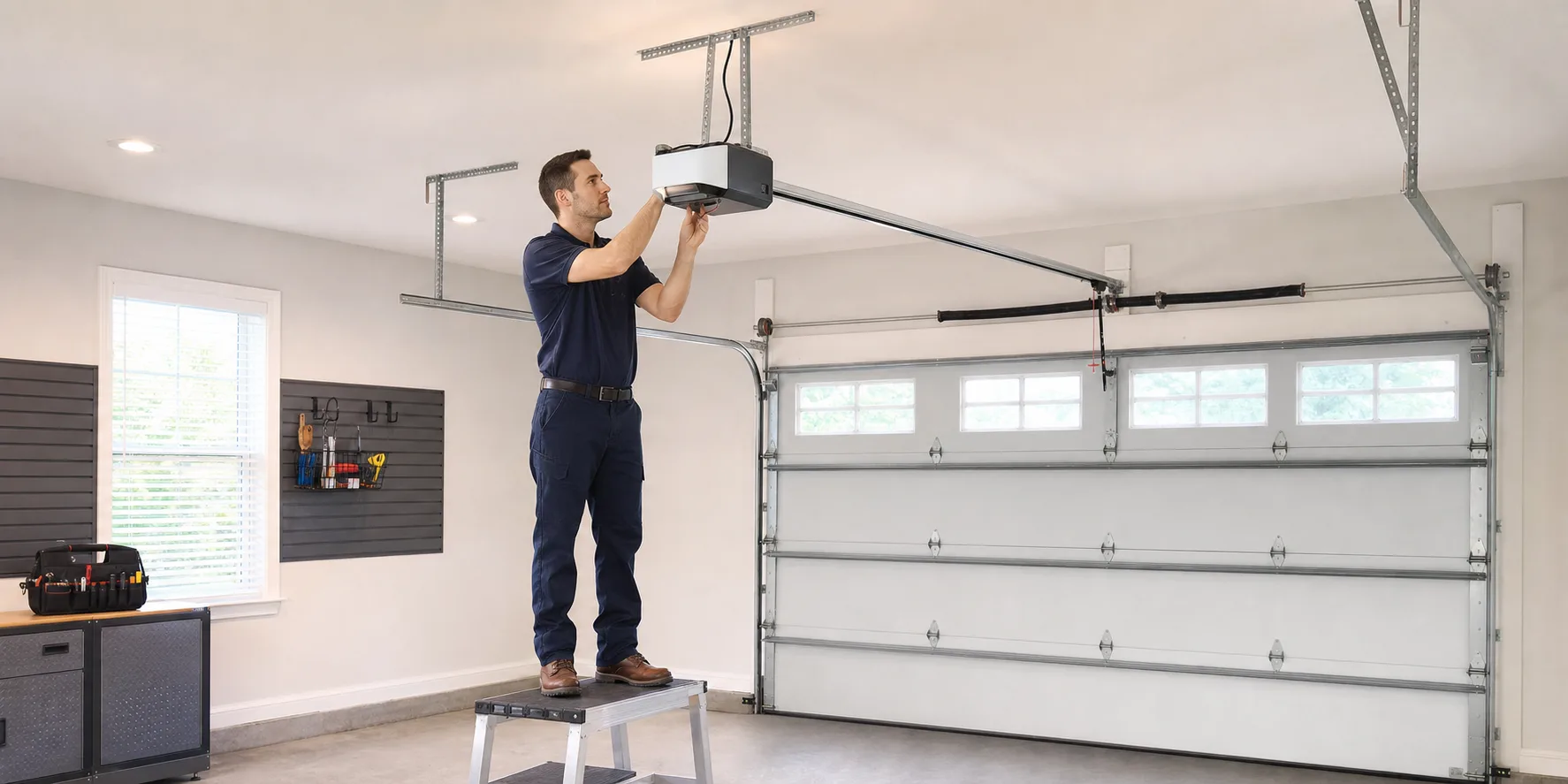 Technician installing a quiet residential garage door opener