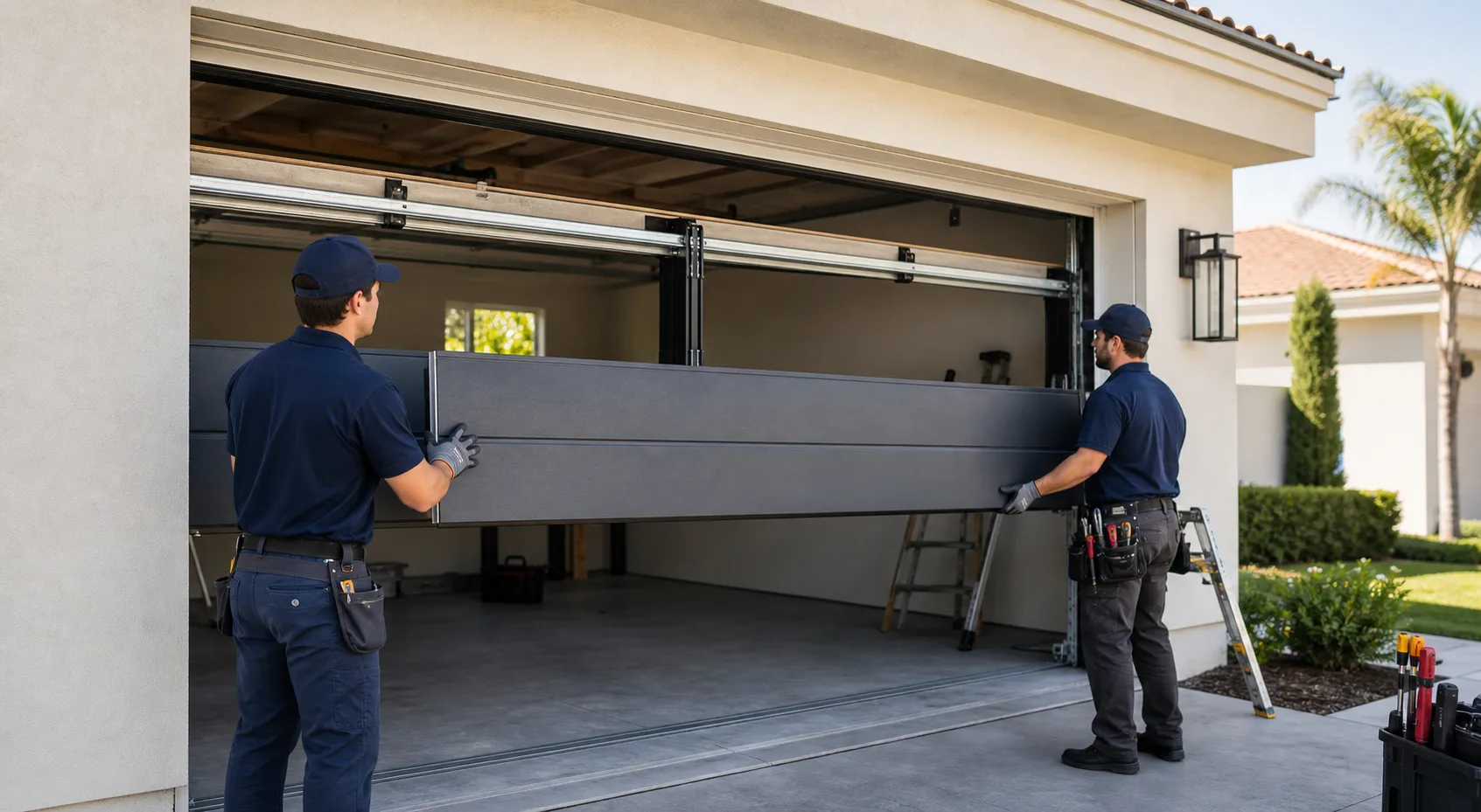 Crew fitting a new insulated sectional garage door