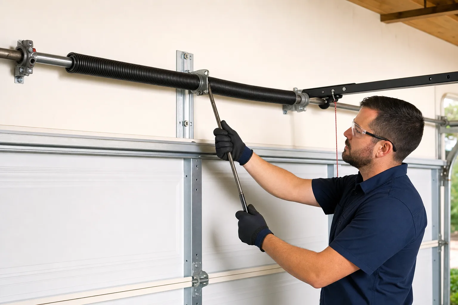 Garage door technician safely replacing a residential torsion spring