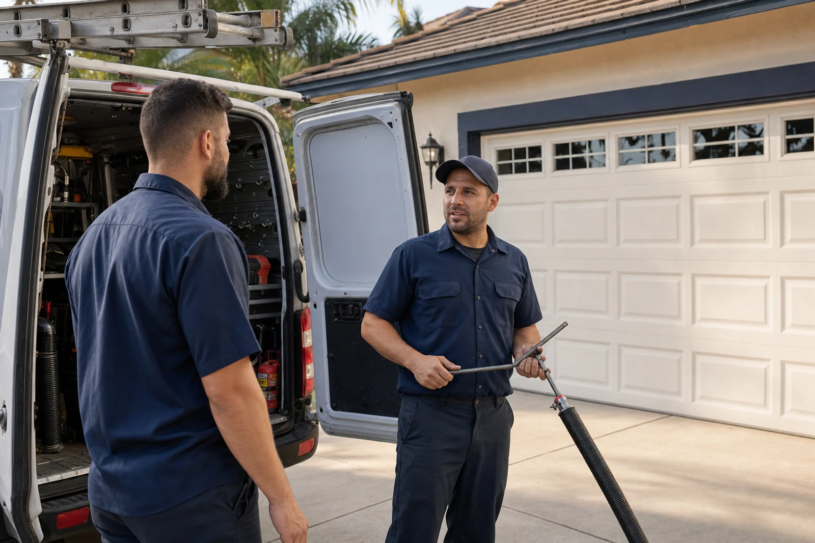 The Davenport / Gold Star Garage Doors team standing together outside a home in Davenport with their service van