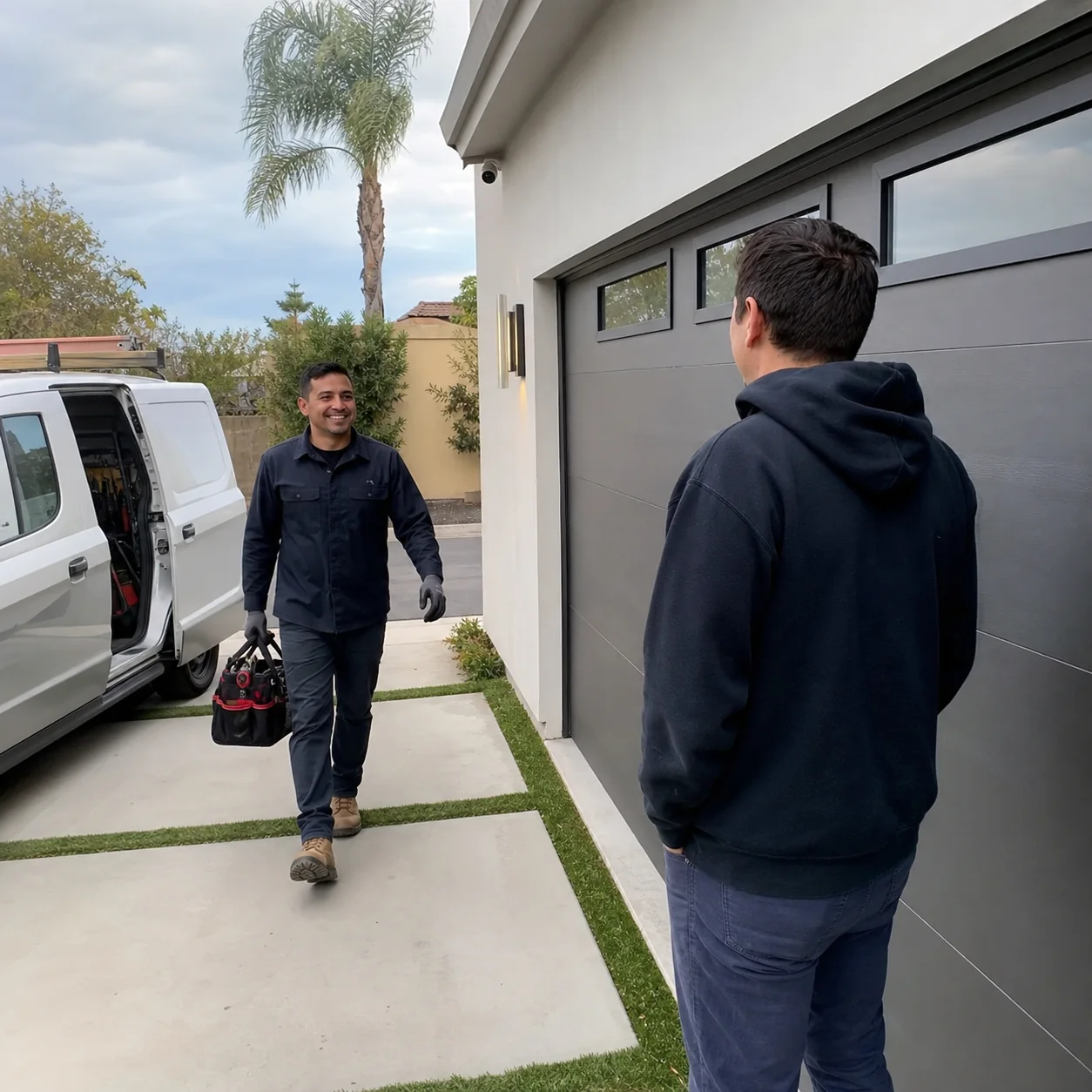Garage door technician greeting a homeowner beside a modern door